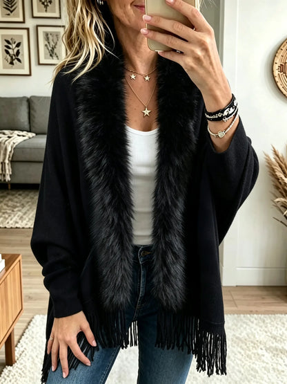 Women's Faux Fur Trim Fringe Poncho Cardigan