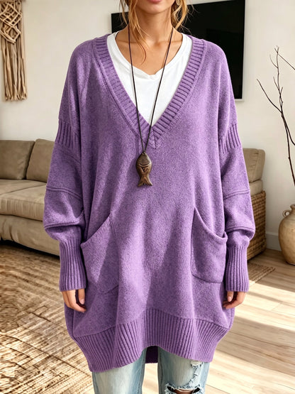 Women Oversized V‑Neck Multi‑Pocket Loose Long Knit Sweater