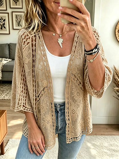 Women's Sheer Floral Lace Open-Front Kimono Cardigan