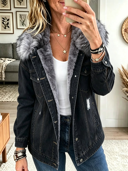 Women's Faux Fur Collar Fleece-Lined Denim Jacket