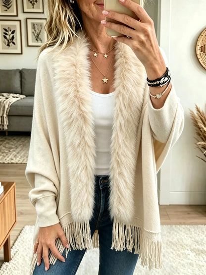 Women's Faux Fur Trim Fringe Poncho Cardigan