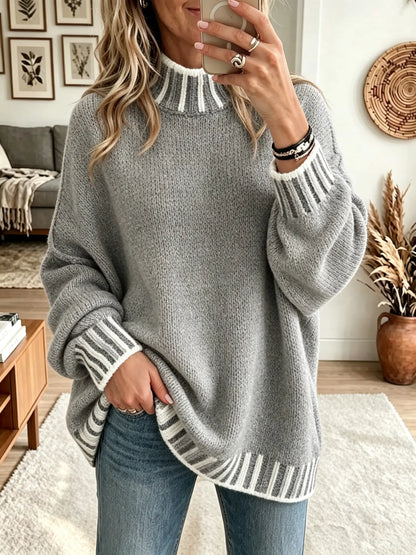Women's Striped Trim Mock Neck Sweater