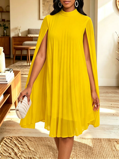 Women Mock Neck Cape Sleeve Pleated Chiffon Midi Party Dress