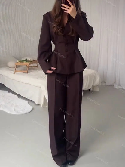 Coffee-colored V-neck fitted waist two-piece work suit