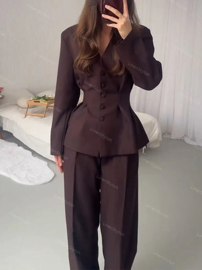 Coffee-colored V-neck fitted waist two-piece work suit